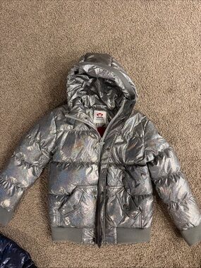Kids Shiny Metallic Silver Puffer Jacket with Hood